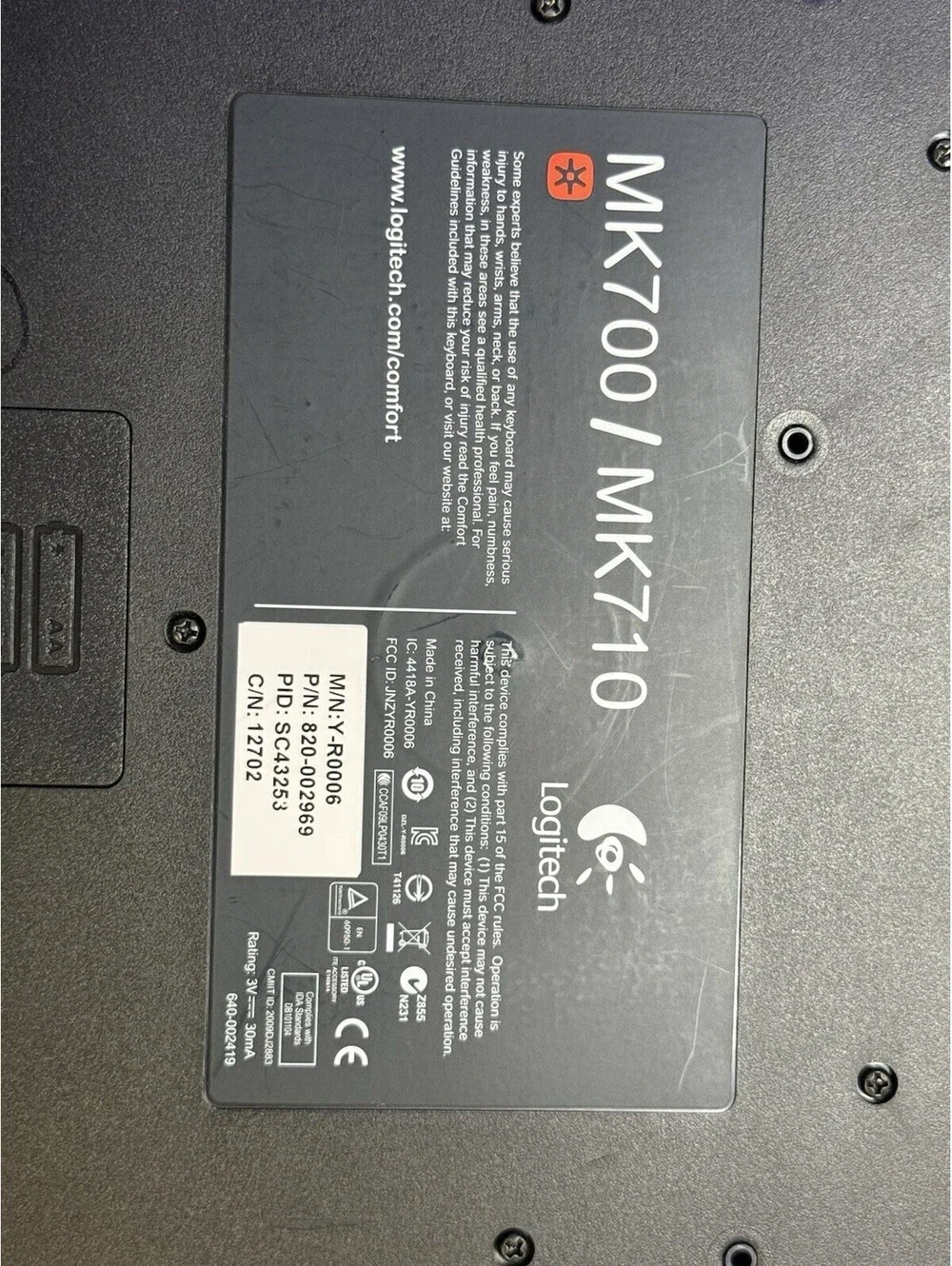 Logitech MK710 MK700 Wireless Keyboard M/N Y-R0006 P/N 820-002969